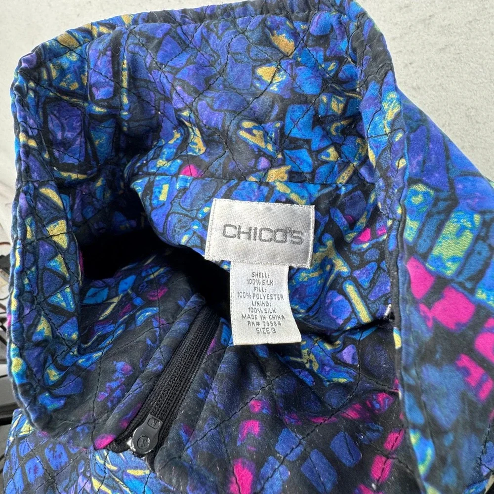Chico's 3 Quilted Silk Bomber Jacket Women Size XL Full Zip Art to Wear Eclectic - Picture 3 of 12
